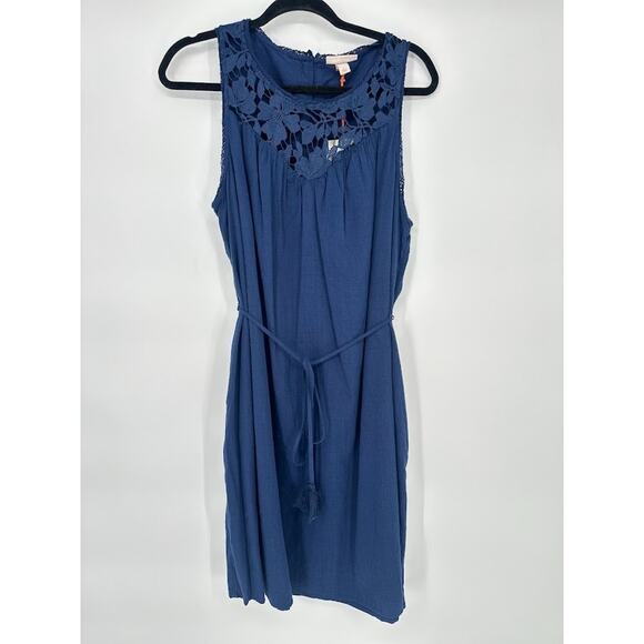 Knox Rose Blue Tassel Belted Shift Dress Size Large Sleeveless Lace Boho Pockets - Picture 2 of 10